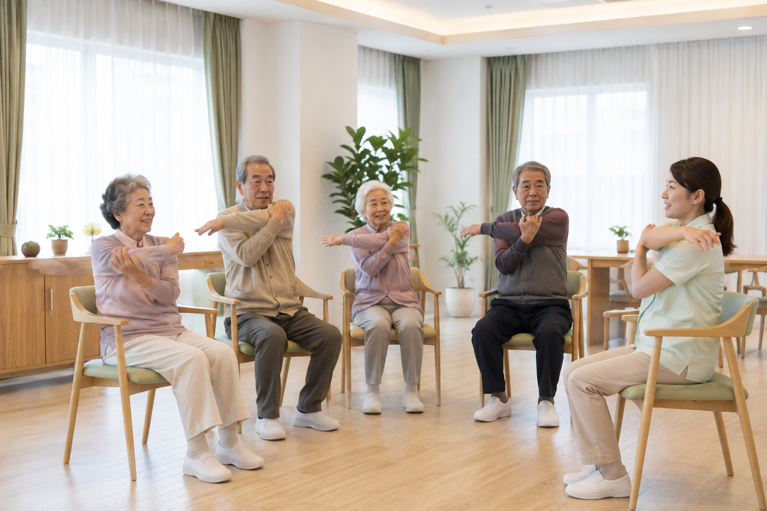 여러 어르신이 요양보호사와 함께 앉아서 스트레칭하는 모습